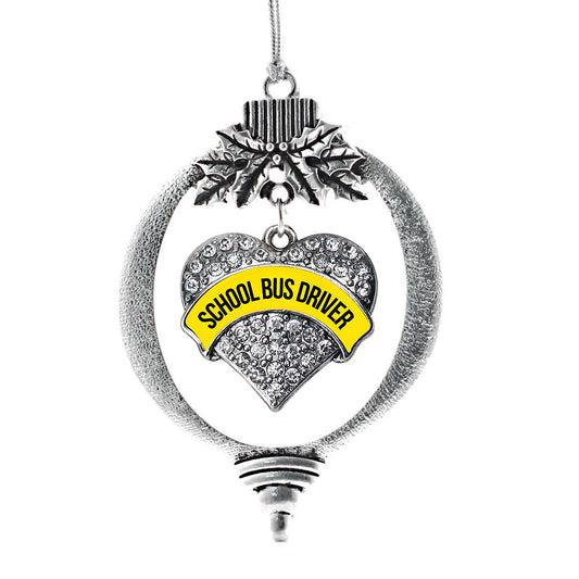 Silver Yellow and Black School Bus Driver Pave Heart Charm Holiday Ornament
