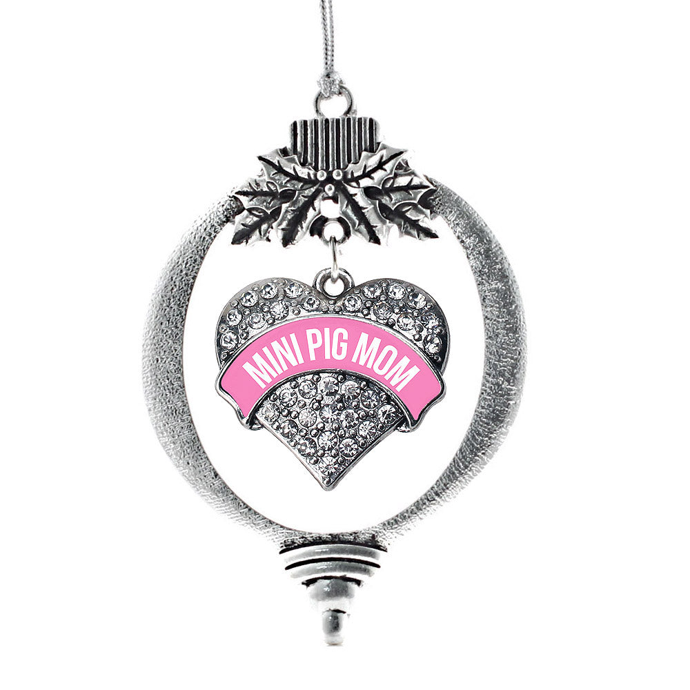 Silver Mini Pig Mom - Pink Pave Heart Charm Holiday Ornament