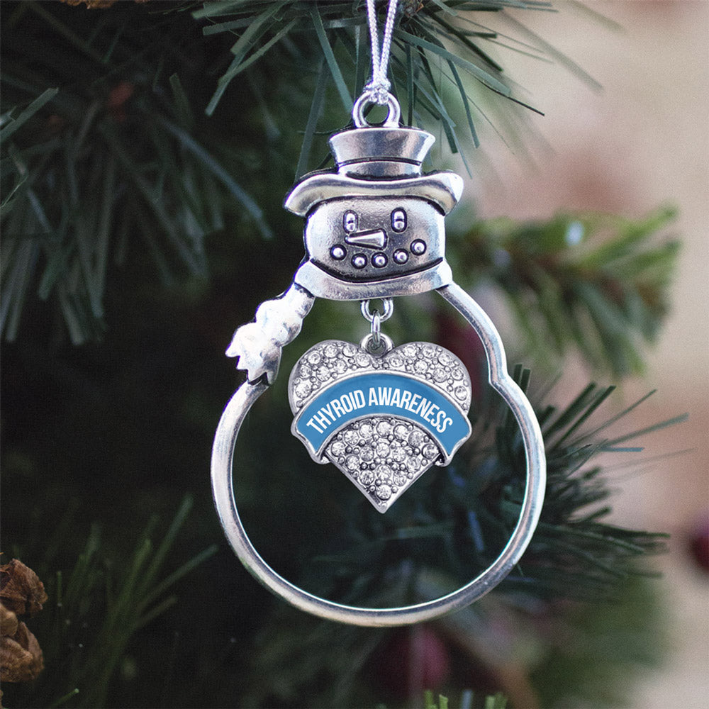 Silver Blue Thryoid Awareness Pave Heart Charm Snowman Ornament