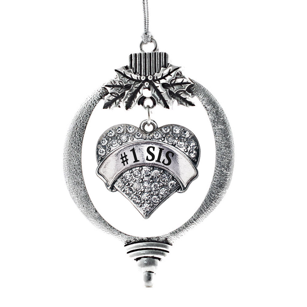 Silver #1 Sis Pave Heart Charm Holiday Ornament