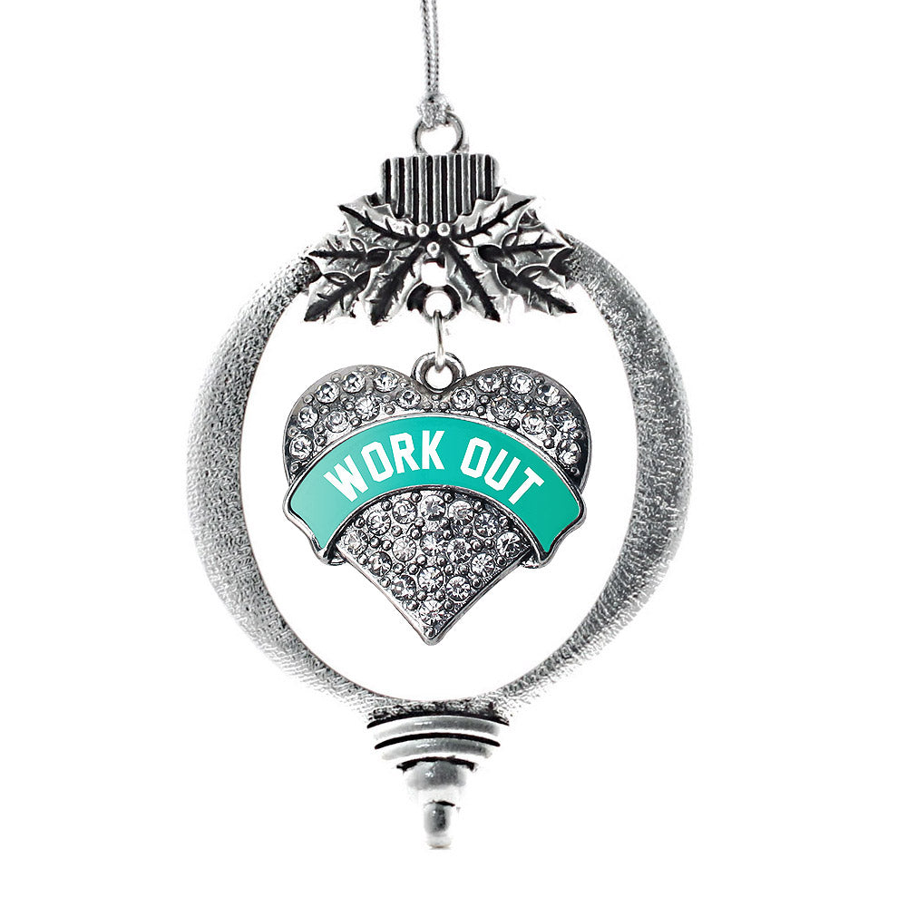 Silver Teal Work Out Pave Heart Charm Holiday Ornament