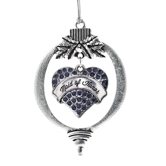 Silver Navy Maid of Honor Blue Pave Heart Charm Holiday Ornament