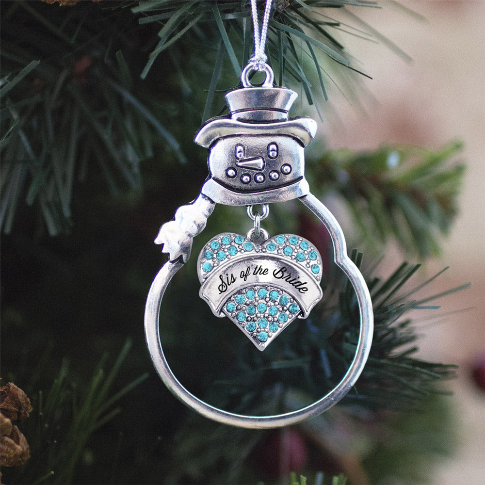 Silver Aqua Sis of the Bride Aqua Pave Heart Charm Snowman Ornament