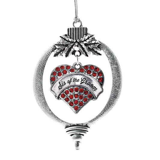 Silver Script Red Sis of the Groom Red Pave Heart Charm Holiday Ornament