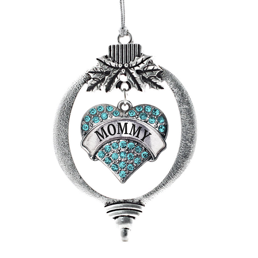 Silver Mommy Aqua Aqua Pave Heart Charm Holiday Ornament