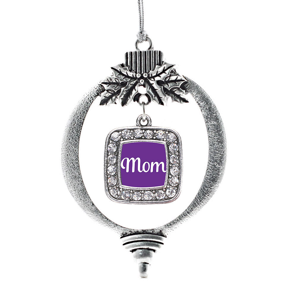 Silver Purple Mom Square Charm Holiday Ornament