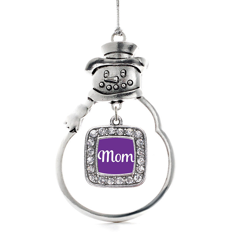 Silver Purple Mom Square Charm Snowman Ornament