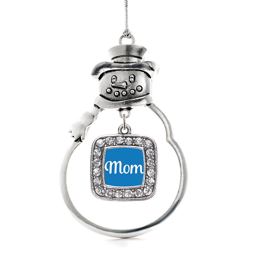 Silver Blue Mom Square Charm Snowman Ornament