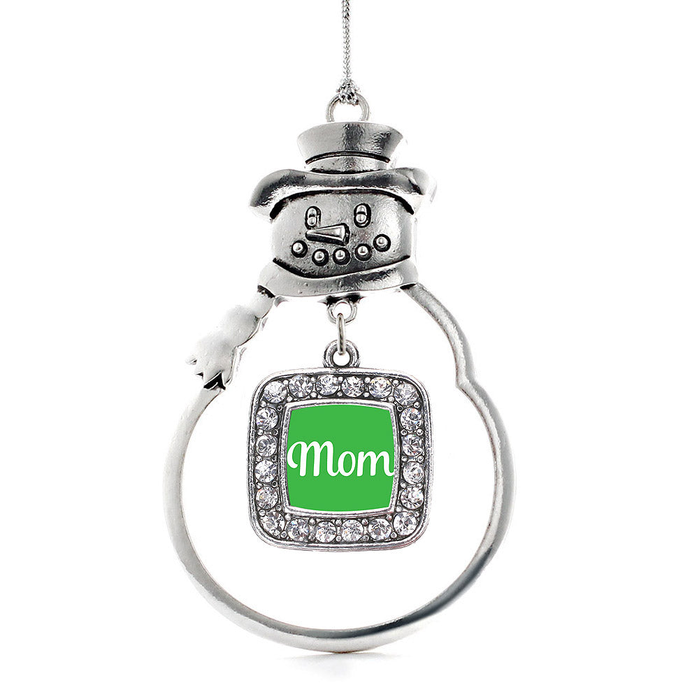 Silver Green Mom Square Charm Snowman Ornament