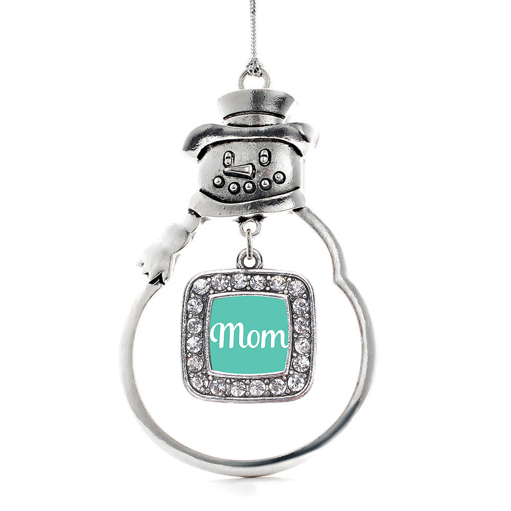 Silver Teal Mom Square Charm Snowman Ornament