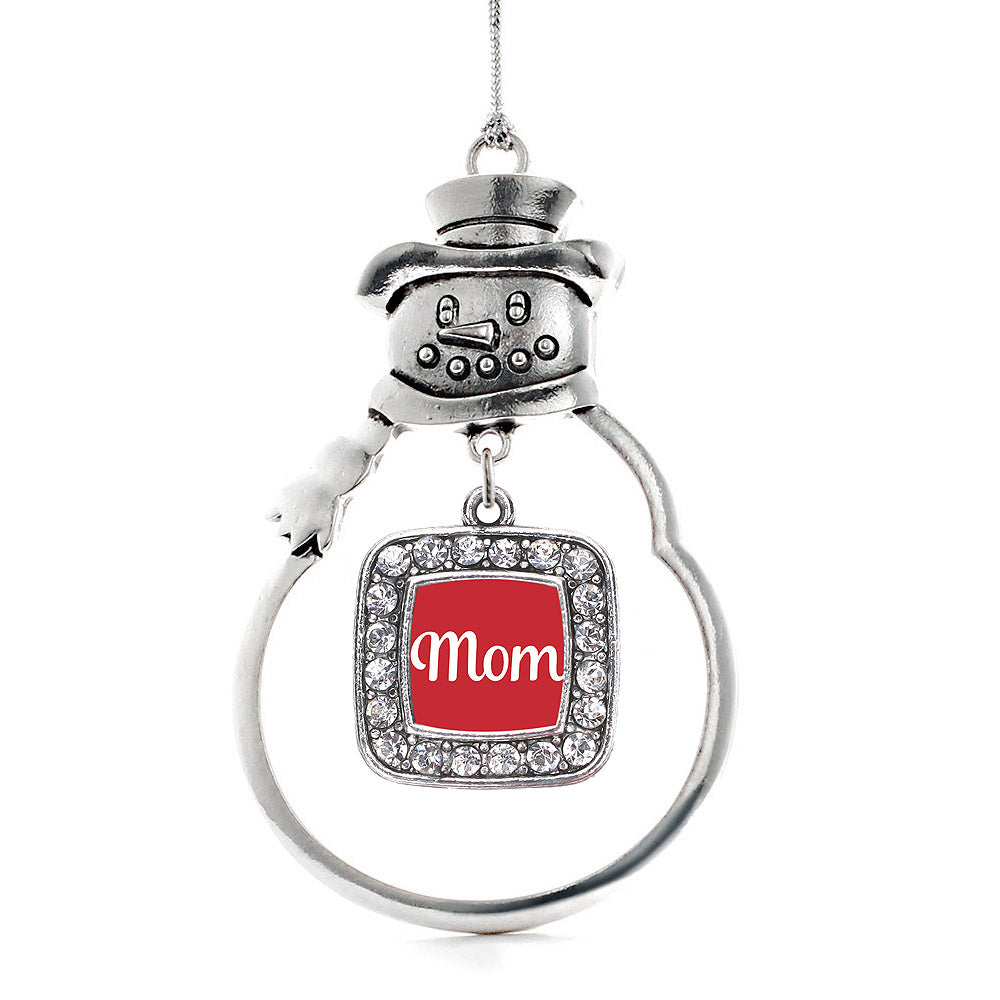 Silver Red Mom Square Charm Snowman Ornament