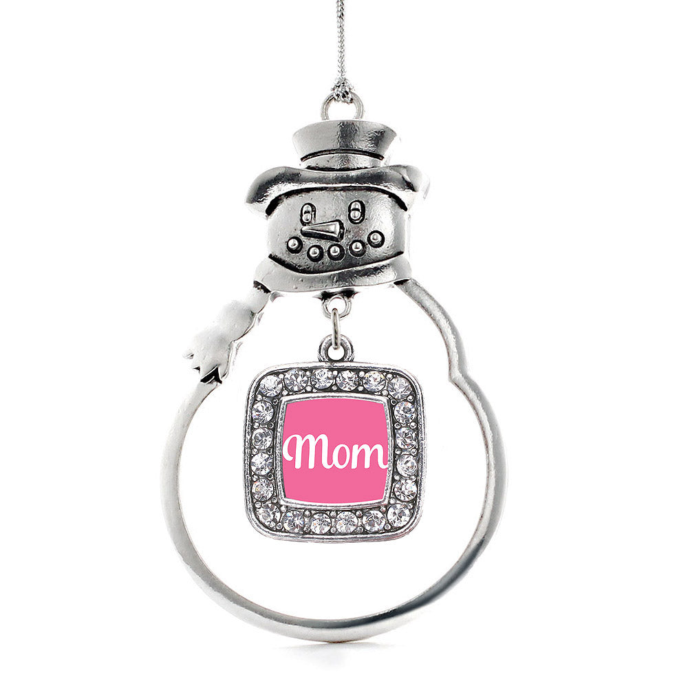 Silver Pink Mom Square Charm Snowman Ornament