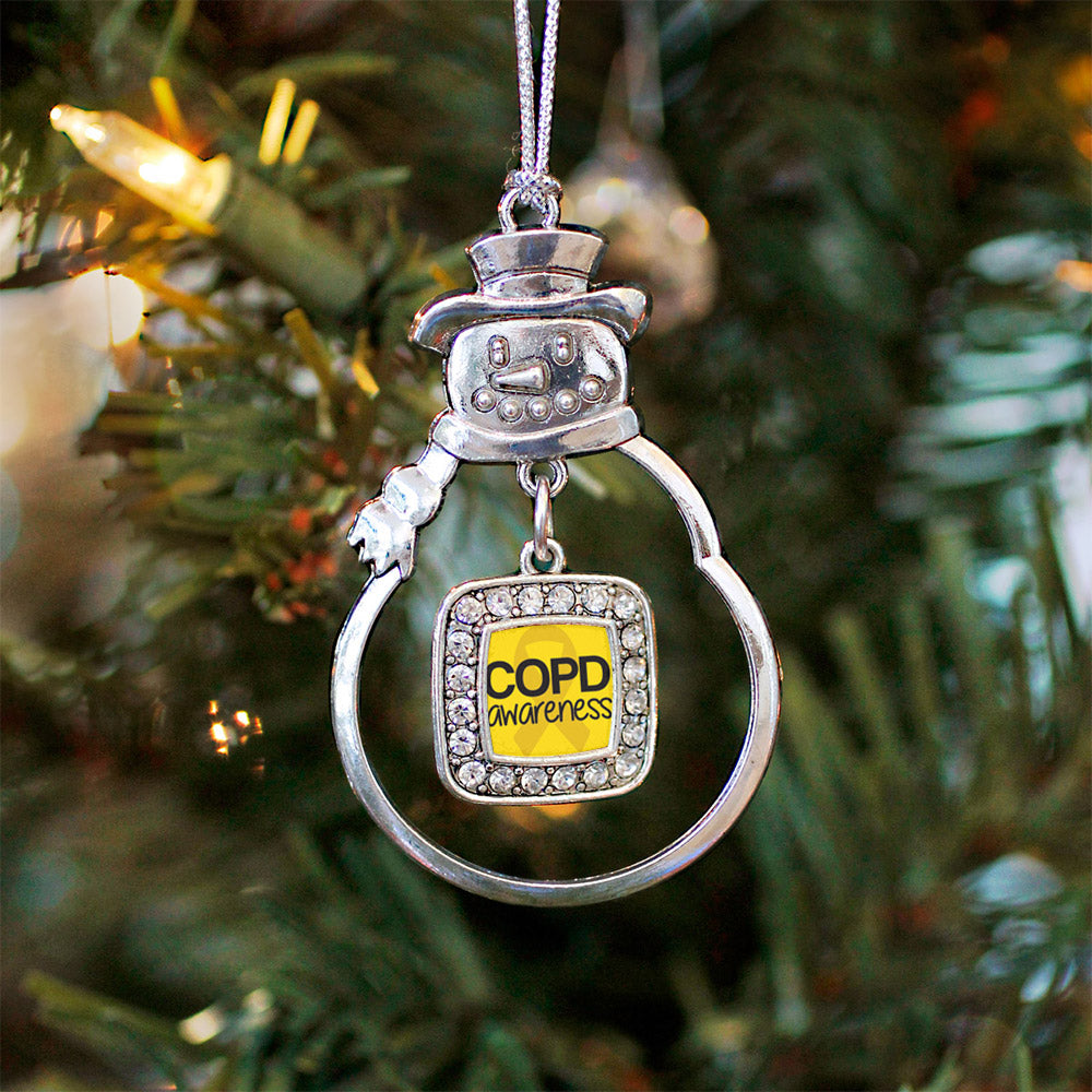Silver COPD Awareness Square Charm Snowman Ornament