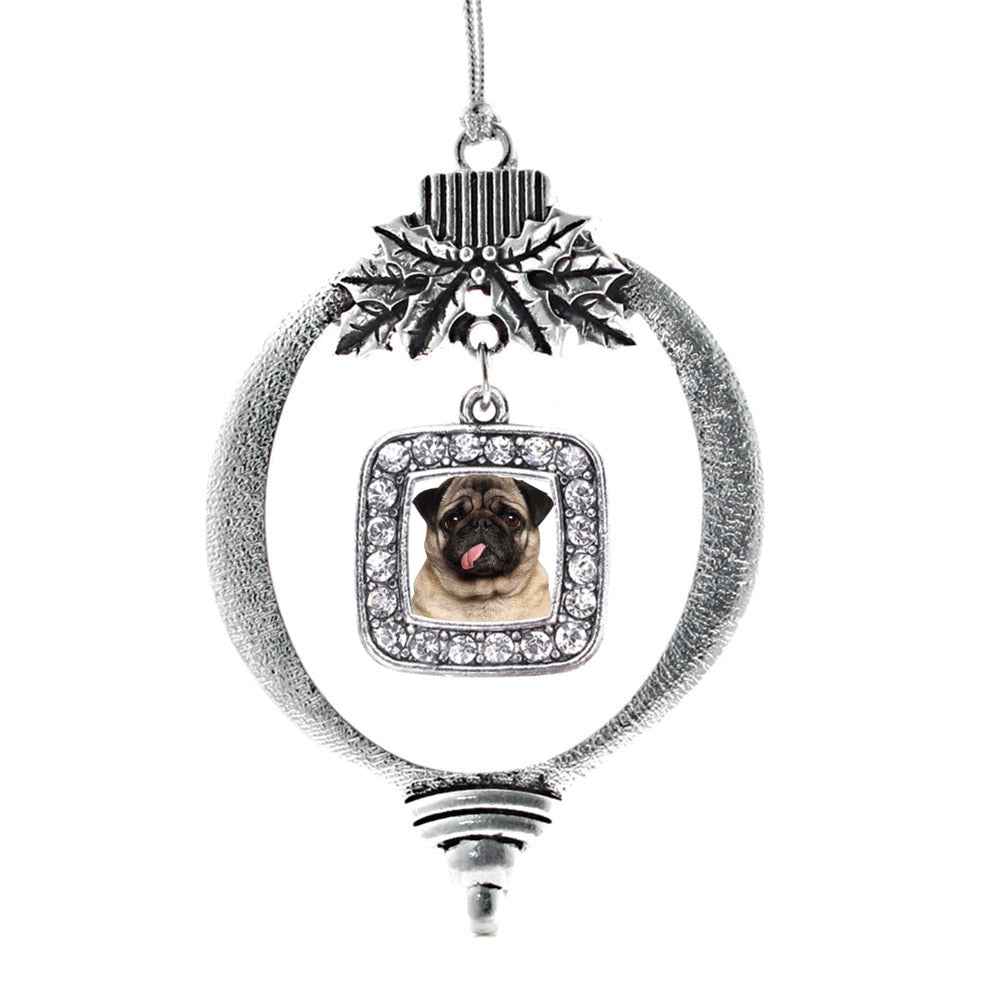 Silver Pug Face Square Charm Holiday Ornament