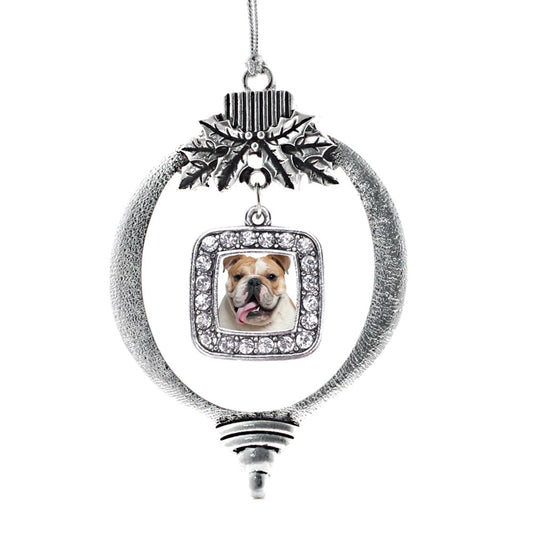Silver Bulldog Face Square Charm Holiday Ornament