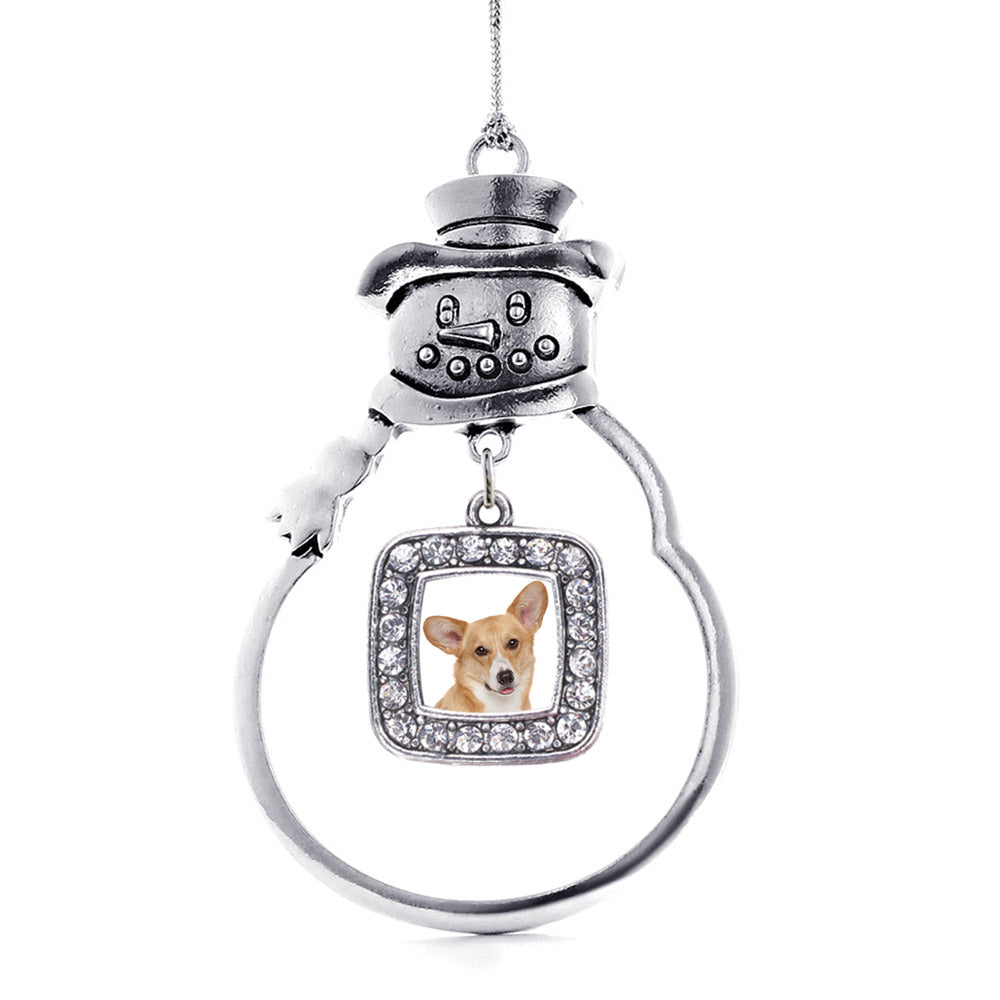 Silver Corgi Face Square Charm Snowman Ornament