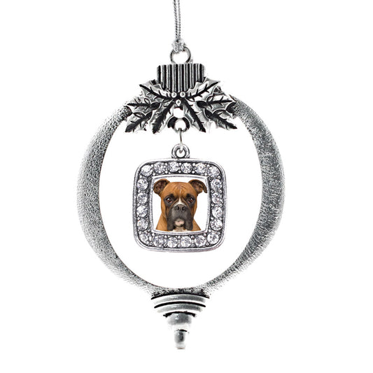 Silver Boxer Face Square Charm Holiday Ornament
