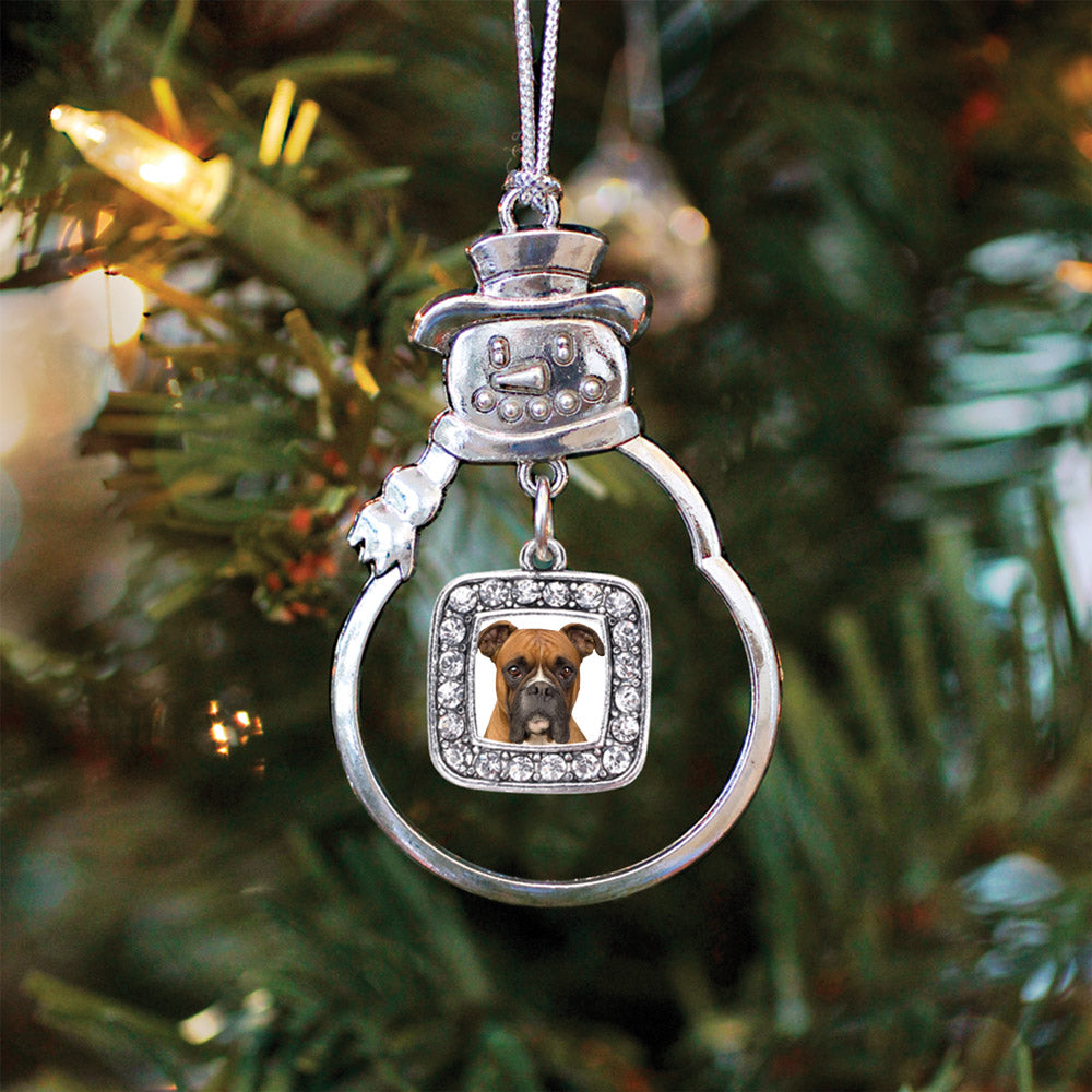 Silver Boxer Face Square Charm Snowman Ornament