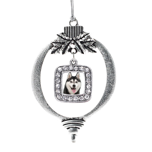 Silver Husky Face Square Charm Holiday Ornament