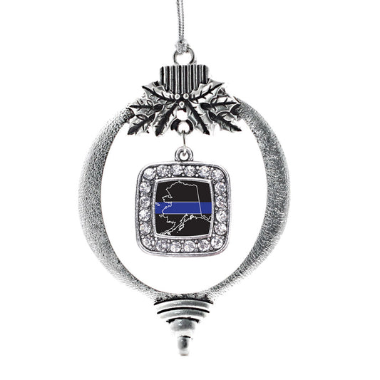 Silver Alaska Thin Blue Line Square Charm Holiday Ornament
