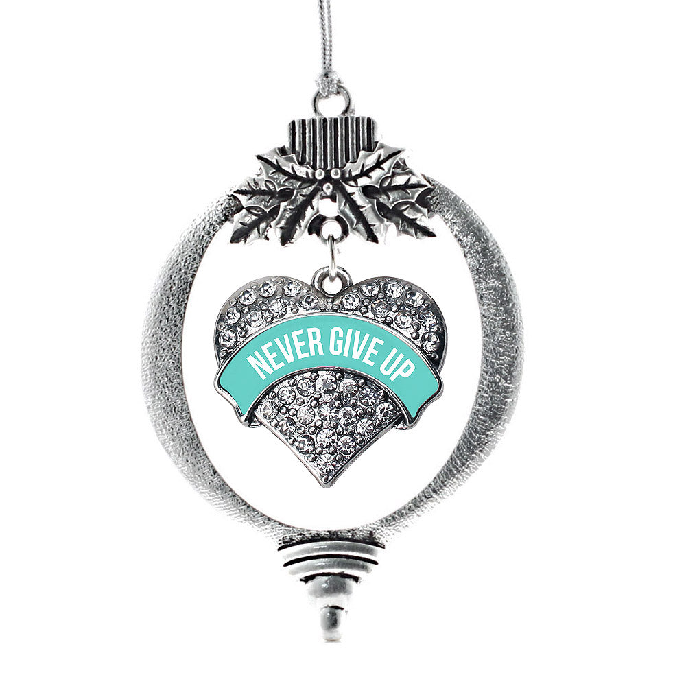 Silver Teal Banner Never Give up Pave Heart Charm Holiday Ornament