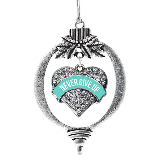 Silver Teal Banner Never Give up Pave Heart Charm Holiday Ornament