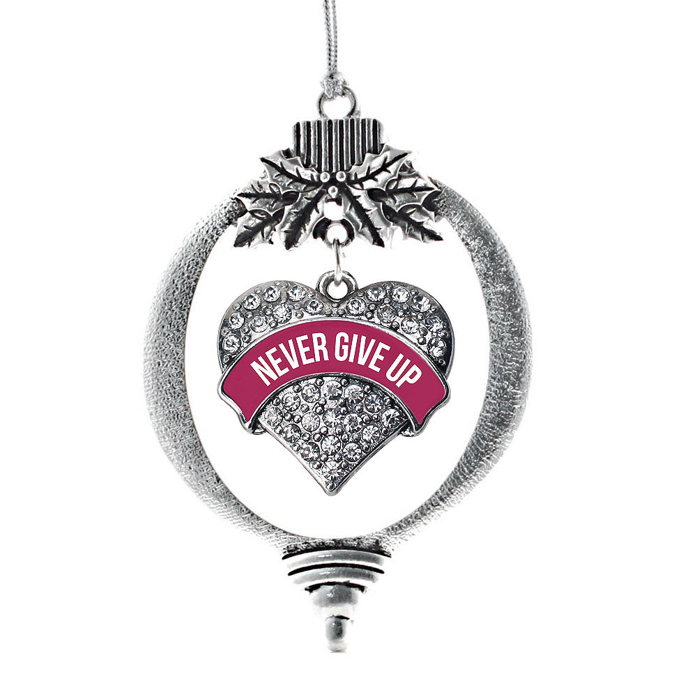 Silver Burgundy Banner Never Give Up Pave Heart Charm Holiday Ornament