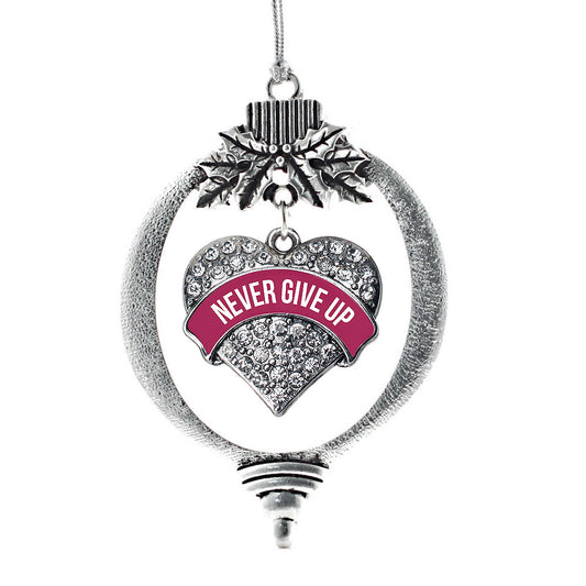 Silver Burgundy Banner Never Give Up Pave Heart Charm Holiday Ornament