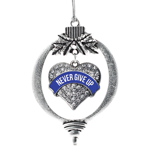 Silver Blue Banner Never Give Up Pave Heart Charm Holiday Ornament