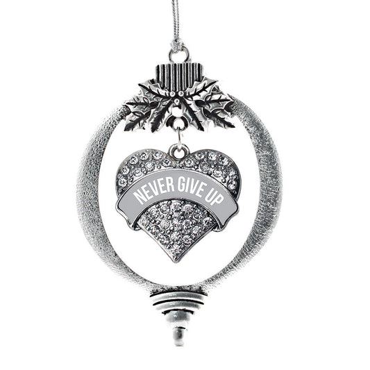Silver Gray Banner Never Give Up Pave Heart Charm Holiday Ornament