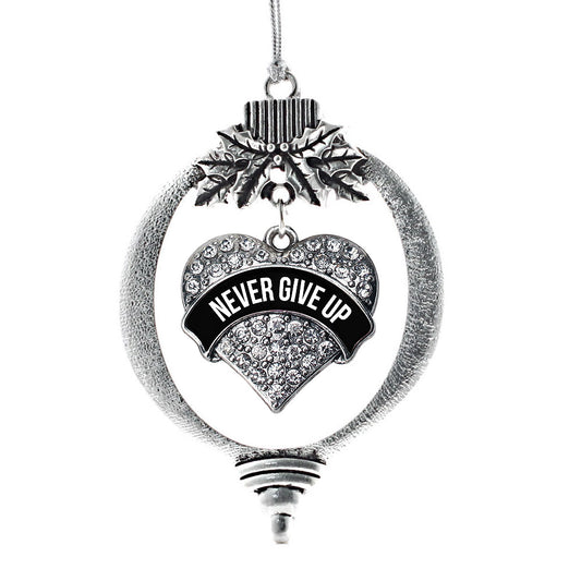 Silver Black Banner Never Give Up Pave Heart Charm Holiday Ornament