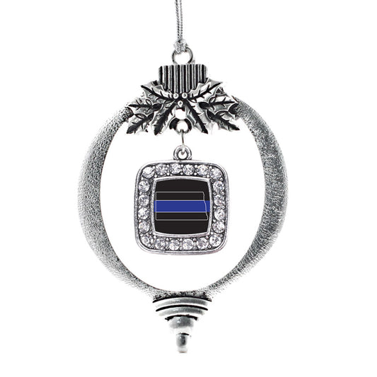 Silver North Dakota Thin Blue Line Square Charm Holiday Ornament