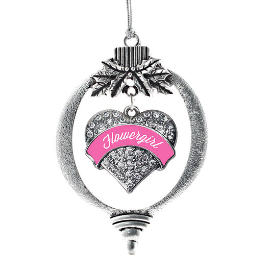 Silver Pink Flower Girl Pave Heart Charm Holiday Ornament
