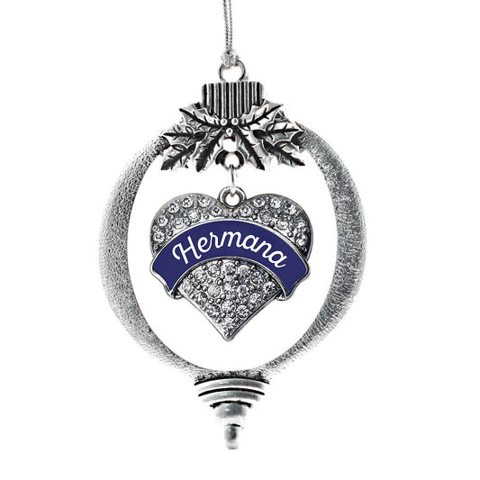 Silver Hermana - Navy Blue Pave Heart Charm Holiday Ornament