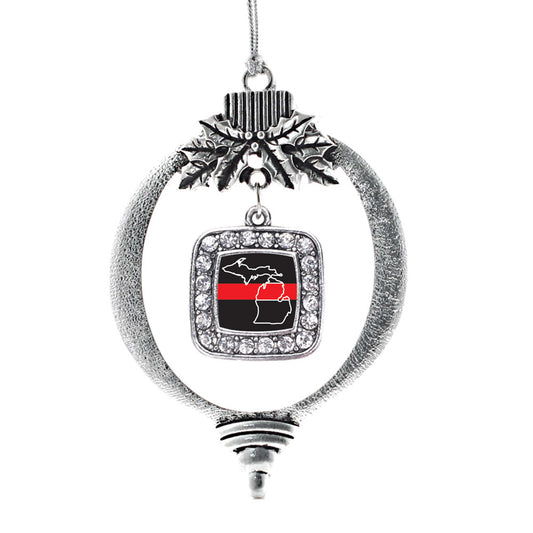 Silver Michigan Thin Red Line Square Charm Holiday Ornament