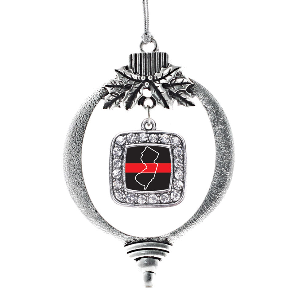 Silver New Jersey Thin Red Line Square Charm Holiday Ornament