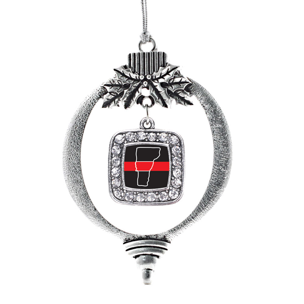 Silver Vermont Thin Red Line Square Charm Holiday Ornament