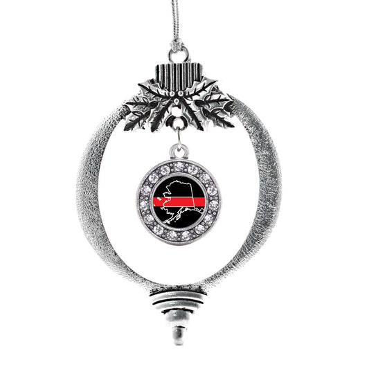Silver Alaska Thin Red Line Circle Charm Holiday Ornament