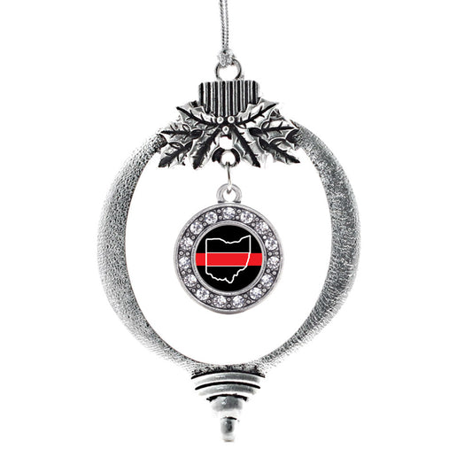 Silver Ohio Thin Red Line Circle Charm Holiday Ornament