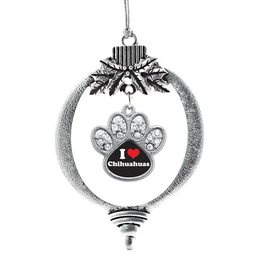 Silver I Love Chihuahuas Pave Paw Charm Holiday Ornament