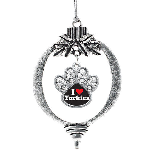 Silver I Love Yorkies Pave Paw Charm Holiday Ornament