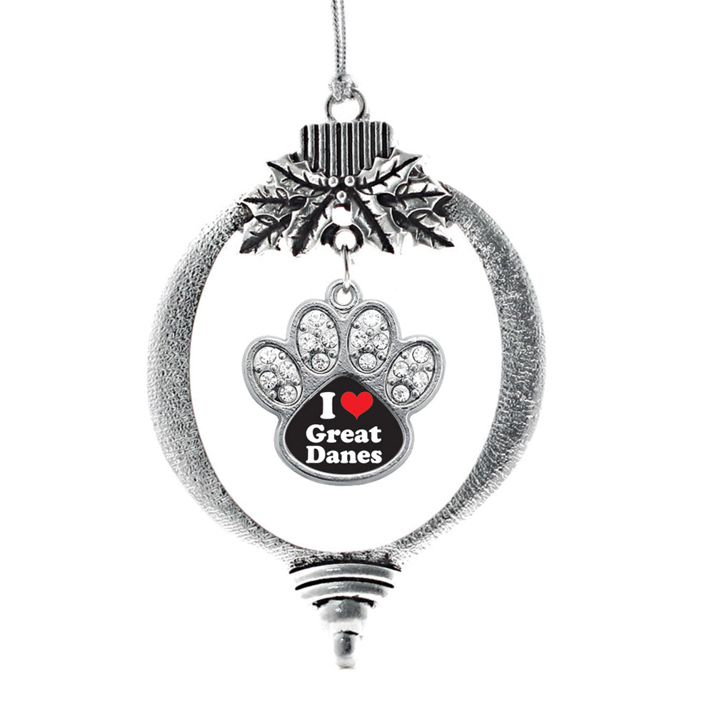 Silver I Love Great Danes Pave Paw Charm Holiday Ornament