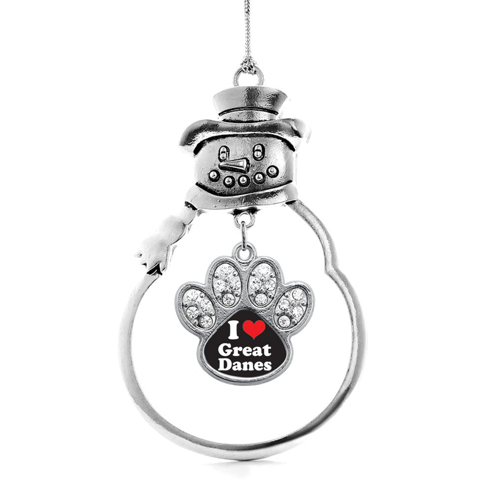 Silver I Love Great Danes Pave Paw Charm Snowman Ornament