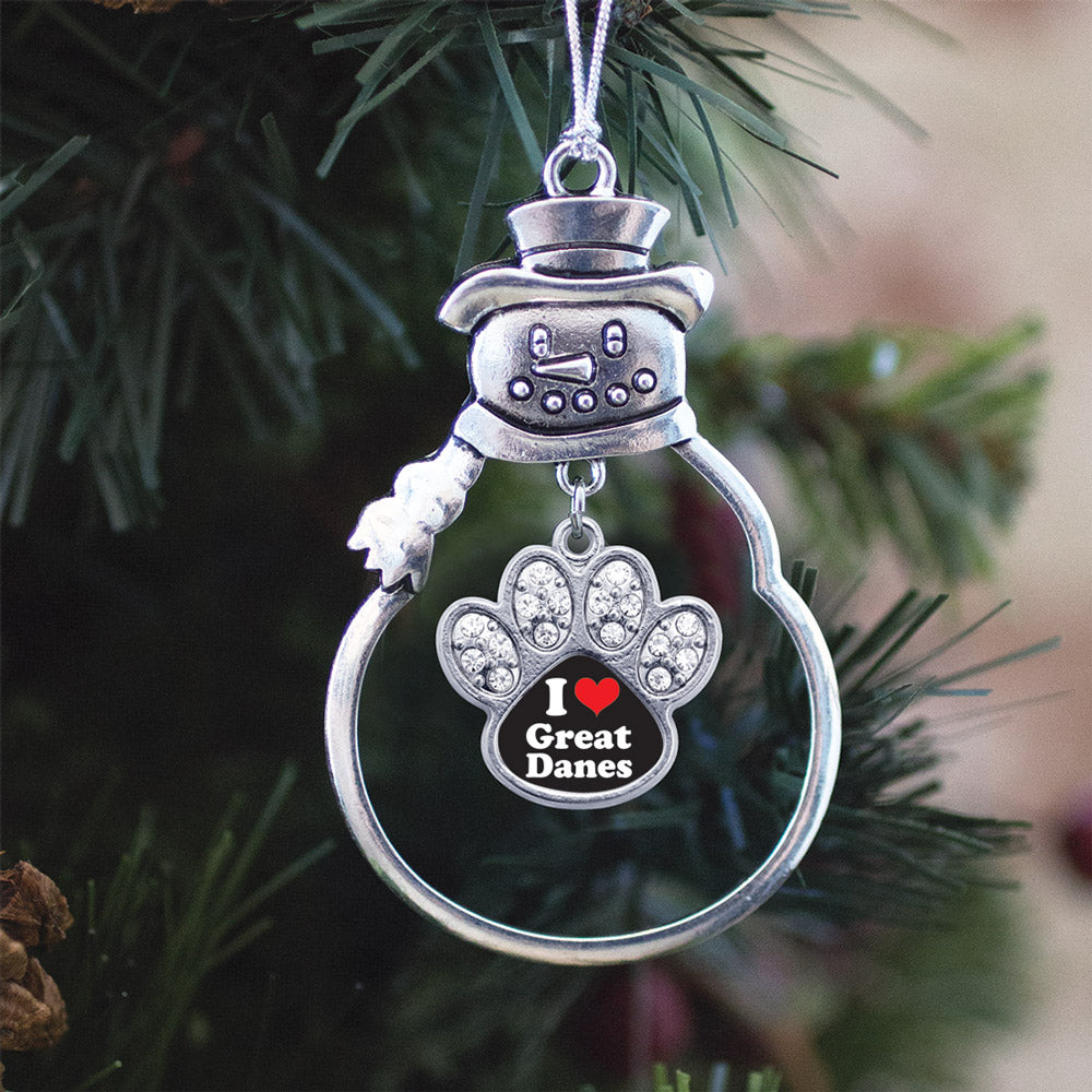 Silver I Love Great Danes Pave Paw Charm Snowman Ornament