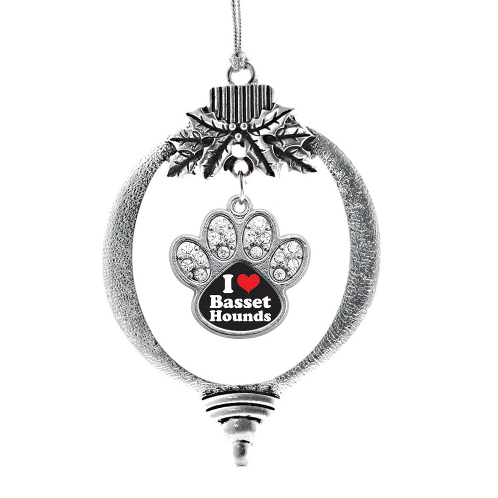 Silver I Love Basset Hounds Pave Paw Charm Holiday Ornament