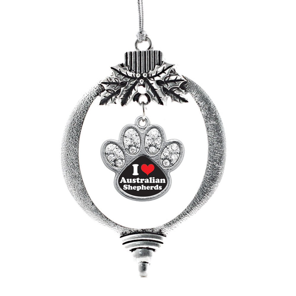 Silver I Love Australian Shepherds Pave Paw Charm Holiday Ornament