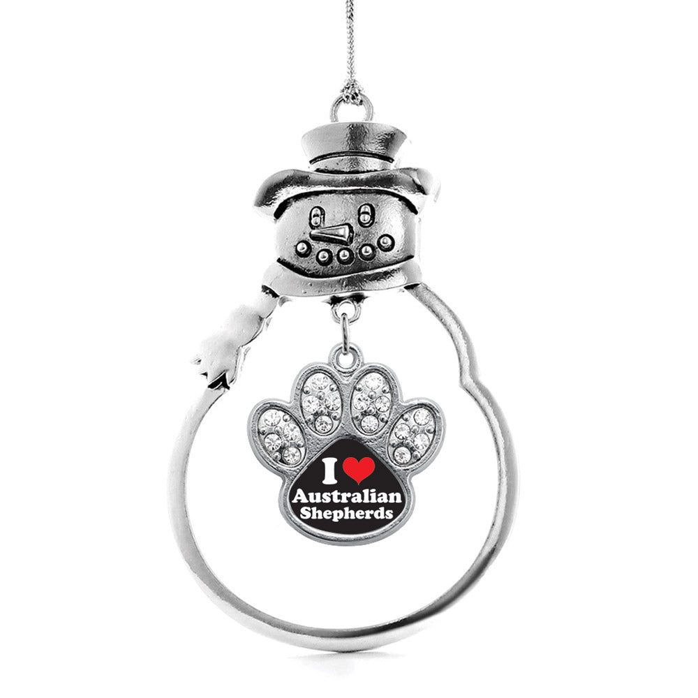 Silver I Love Australian Shepherds Pave Paw Charm Snowman Ornament