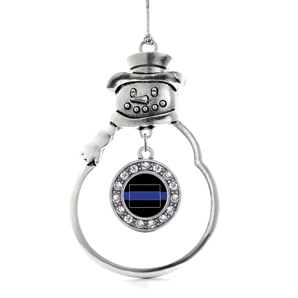 Silver Wyoming Thin Blue Line Circle Charm Snowman Ornament