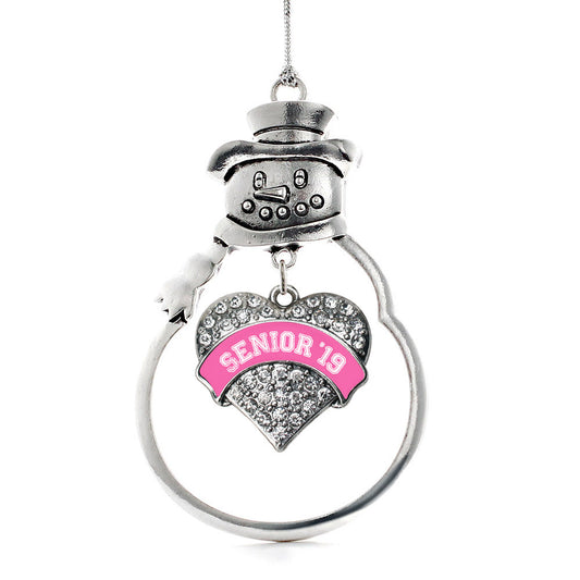 Silver Pink Senior 2019 Pave Heart Charm Snowman Ornament