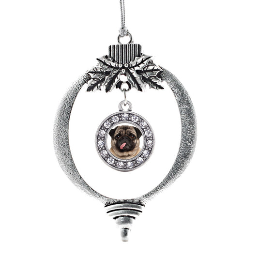 Silver Pug Face Circle Charm Holiday Ornament